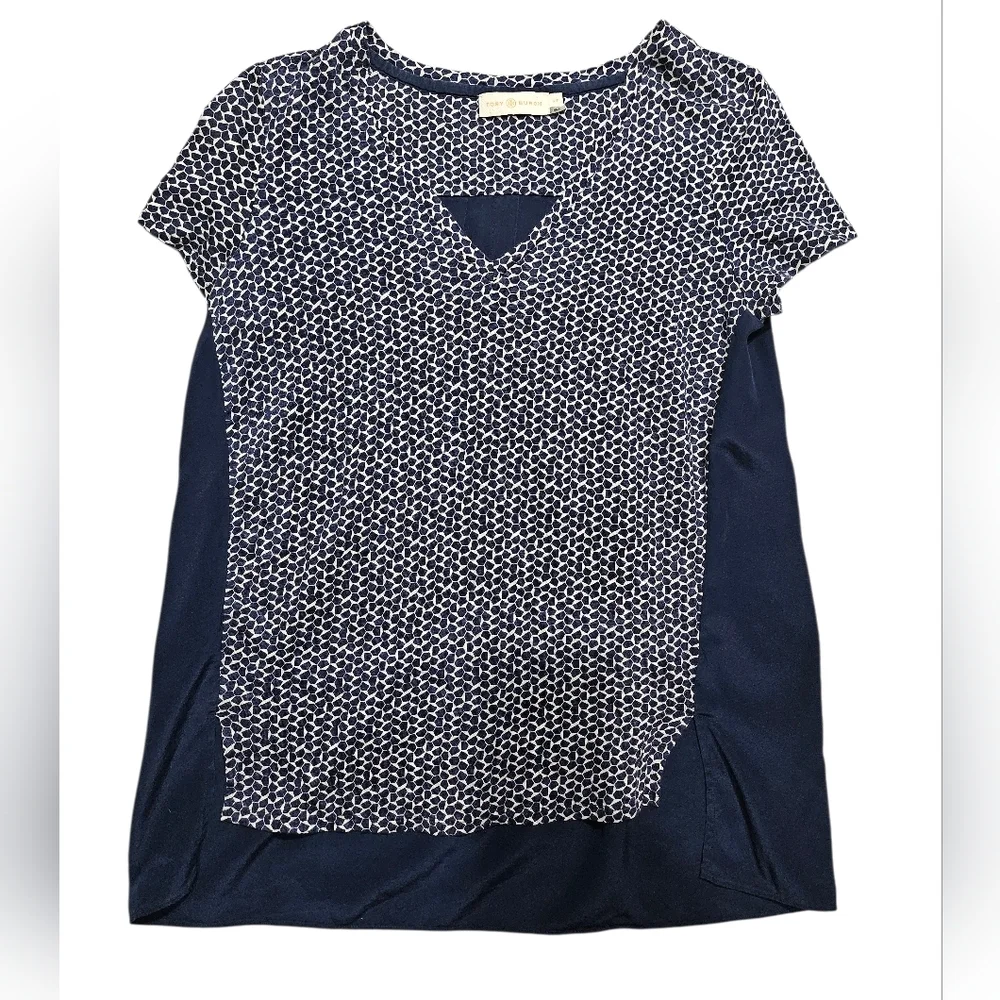 Tory Burch Tessera Navy Blue Linen Silk Short Sleeve Top Shirt Small